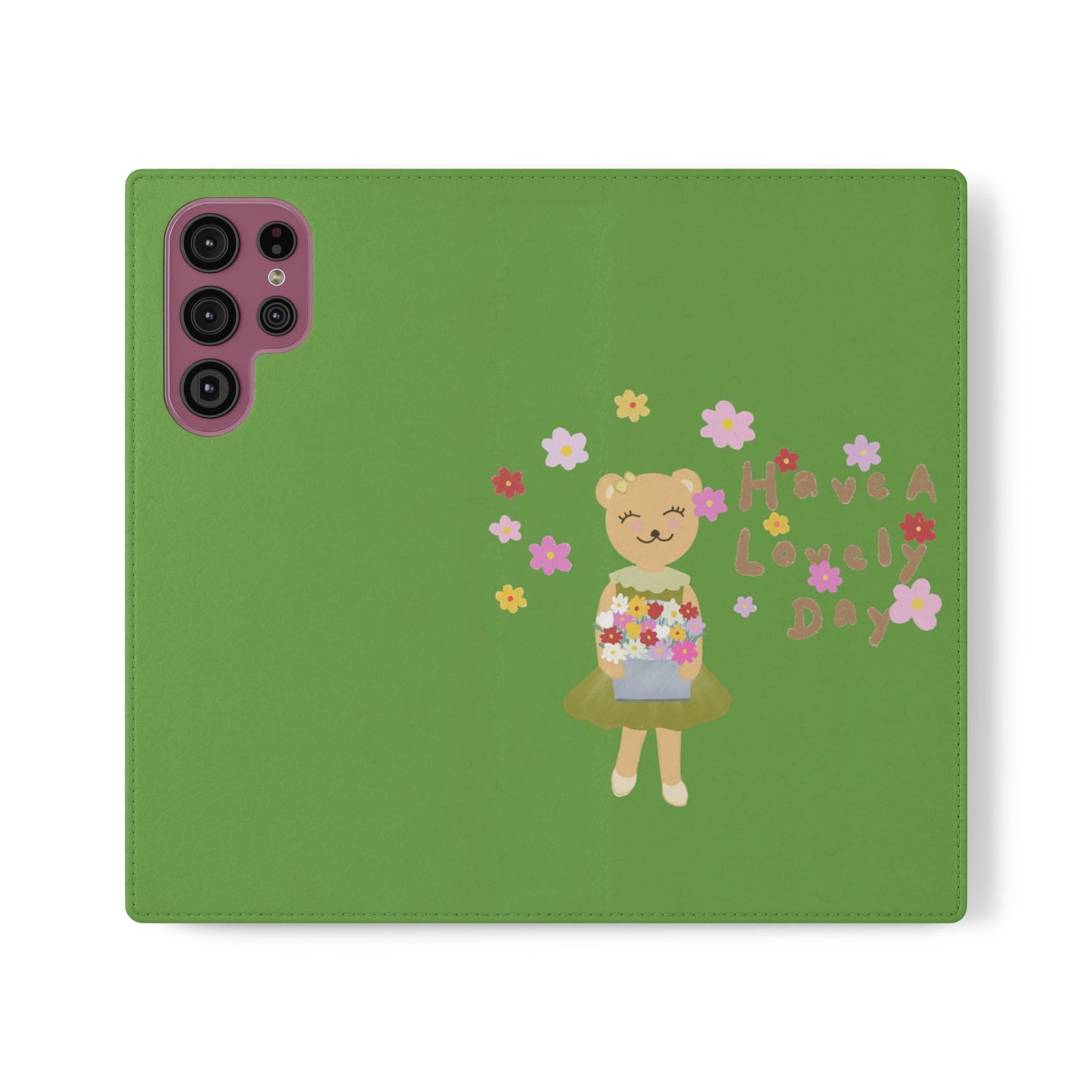 Lovely Day Flip Case for iPhone & Samsung - Cute Floral Bear Design (Green)