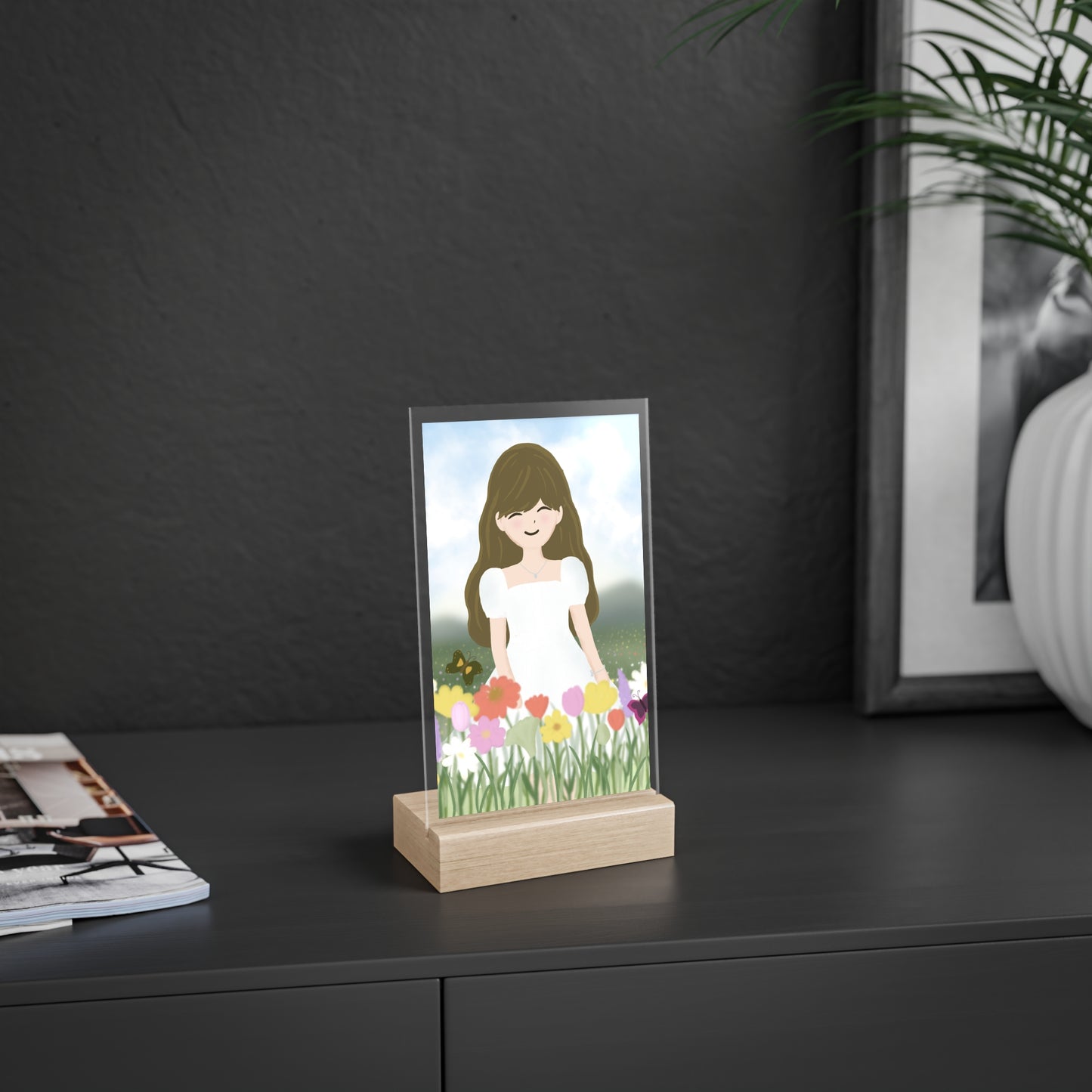 Whimsical Acrylic Sign with Wooden Stand - Floral Girl Design