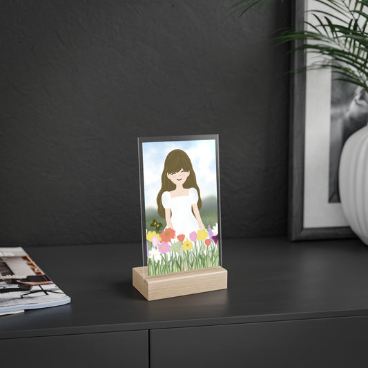 Whimsical Acrylic Sign with Wooden Stand - Floral Girl Design