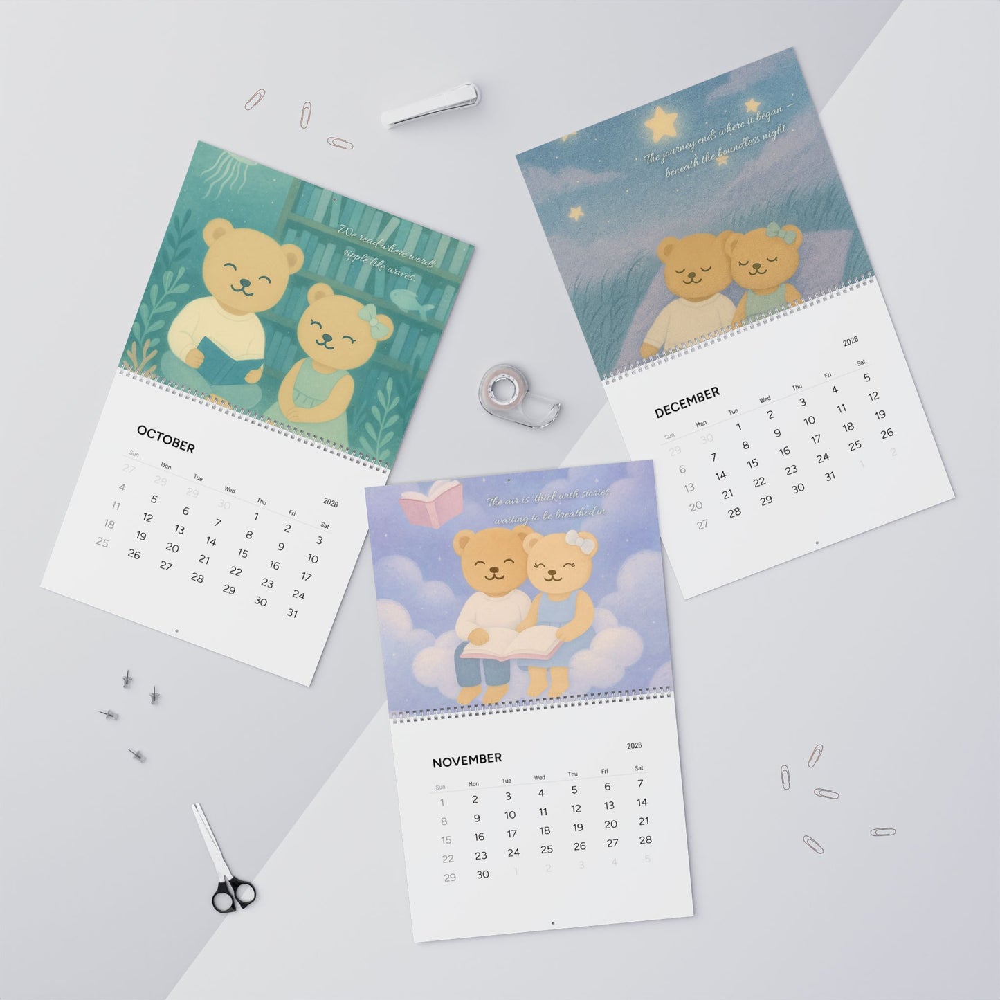 Charming 2026 Wall Calendar with Adorable Bear Illustrations