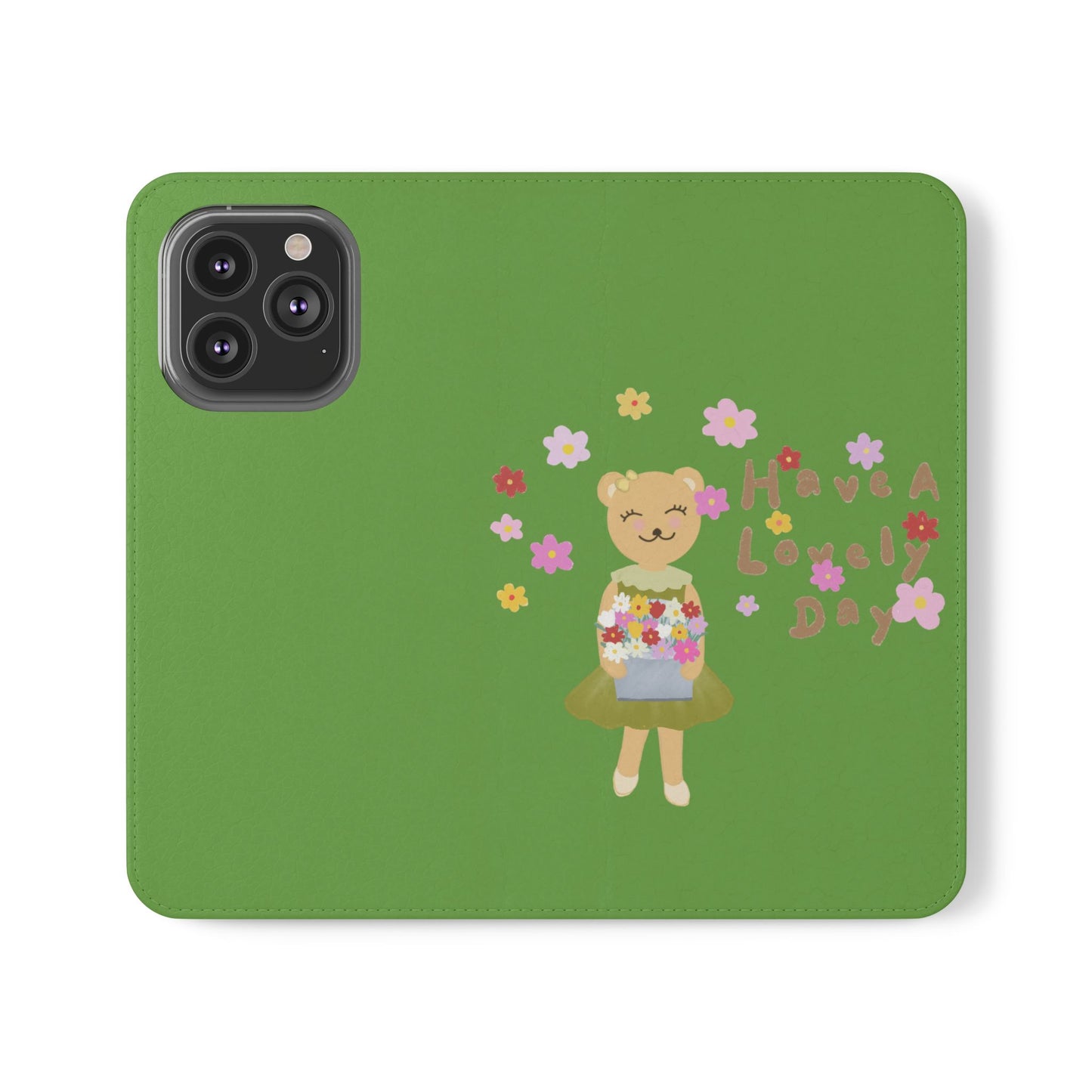 Lovely Day Flip Case for iPhone & Samsung - Cute Floral Bear Design (Green)