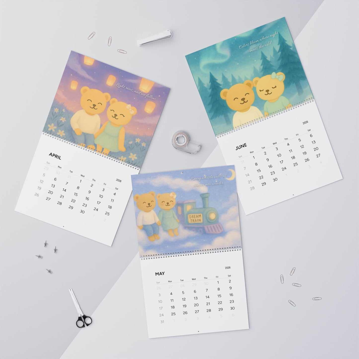 Charming 2026 Wall Calendar with Adorable Bear Illustrations