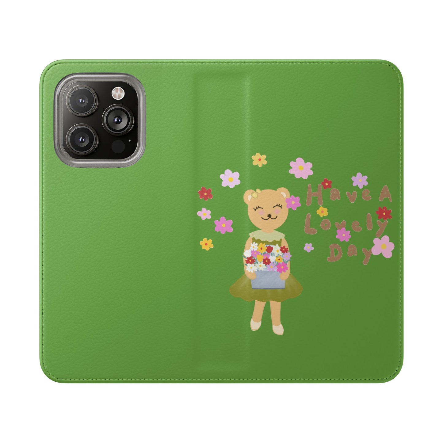 Lovely Day Flip Case for iPhone & Samsung - Cute Floral Bear Design (Green)