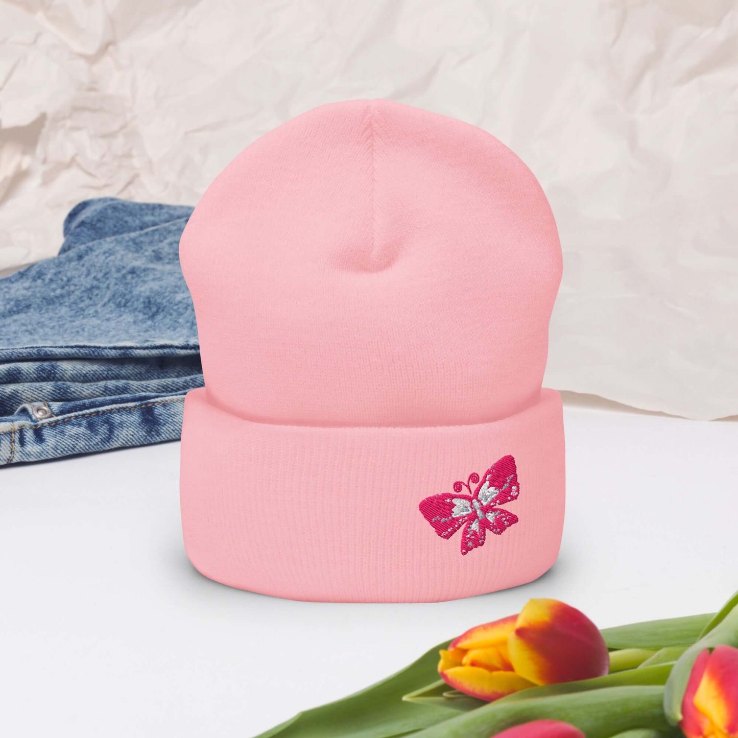Cuffed Beanie (embroidered pink butterfly)