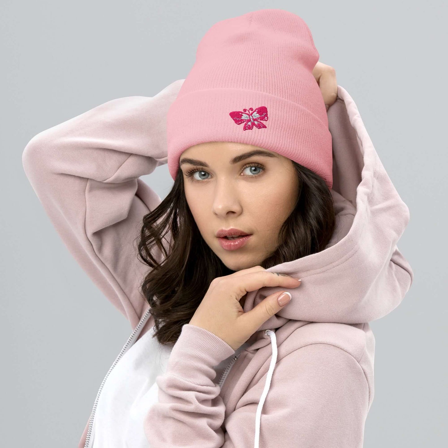 Cuffed Beanie (embroidered pink butterfly)
