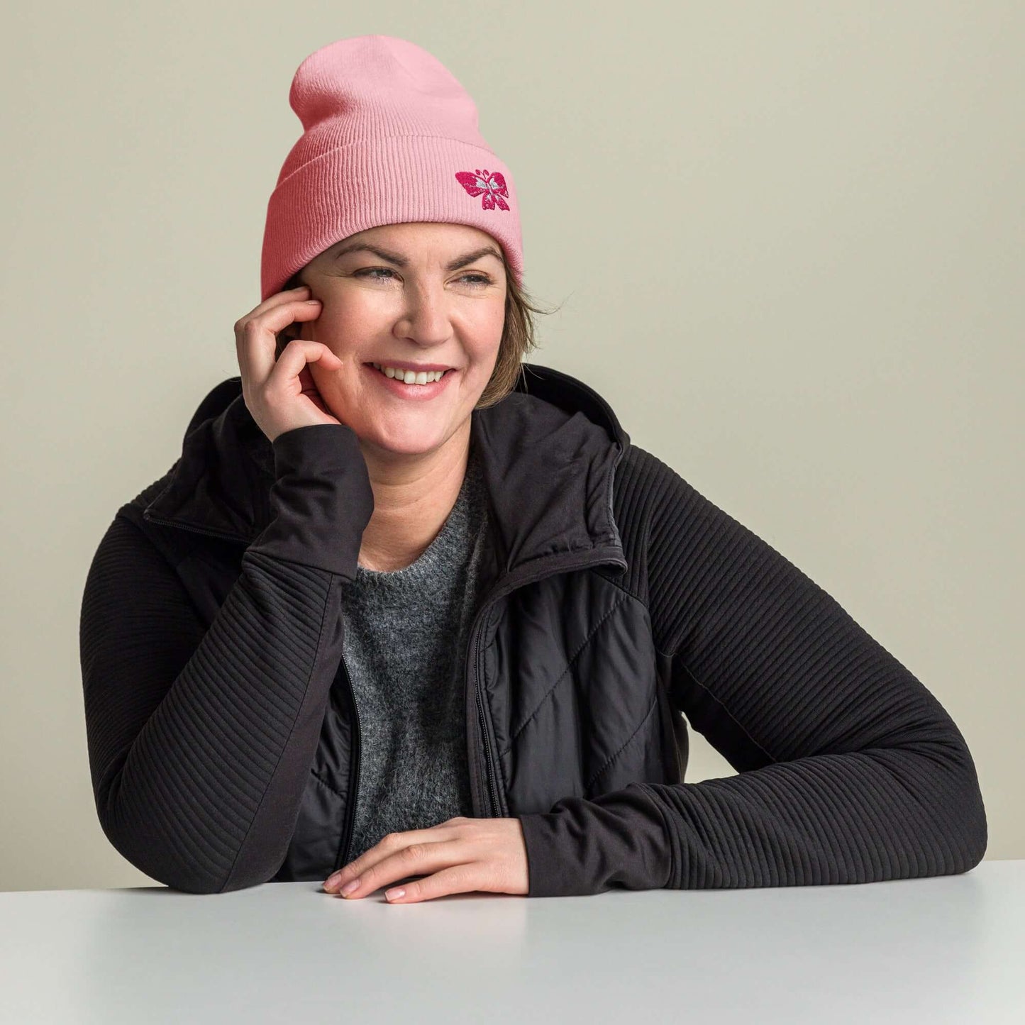 Cuffed Beanie (embroidered pink butterfly)