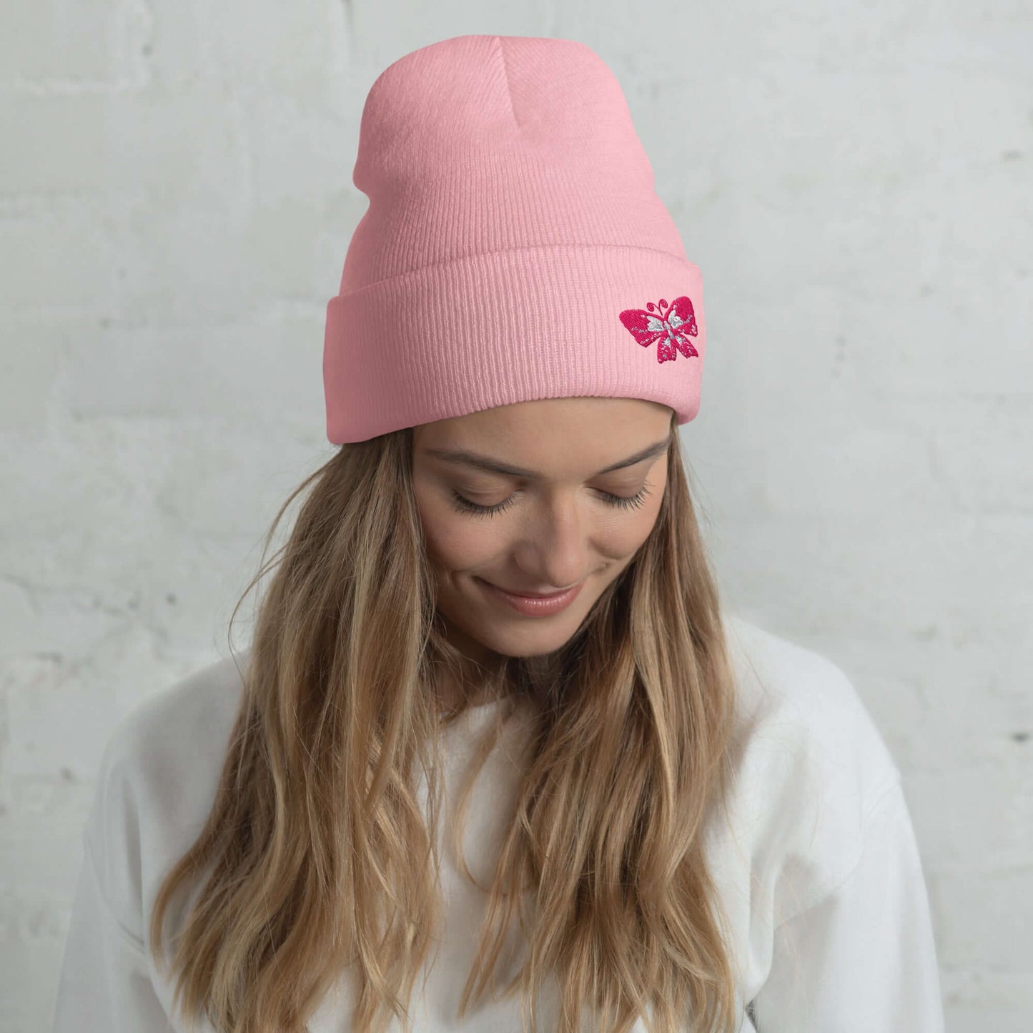 Cuffed Beanie (embroidered pink butterfly)