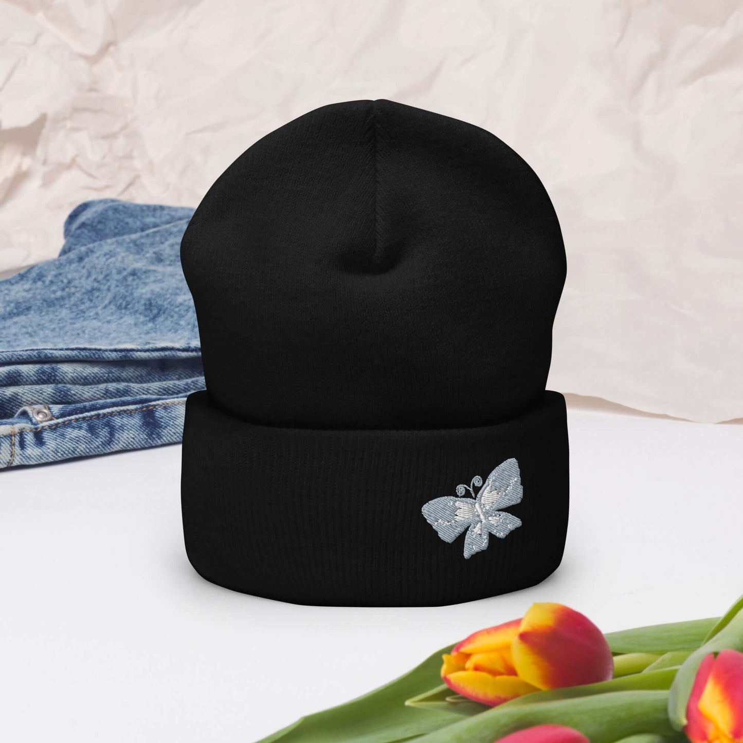 Cuffed Beanie (embroidered gray butterfly)