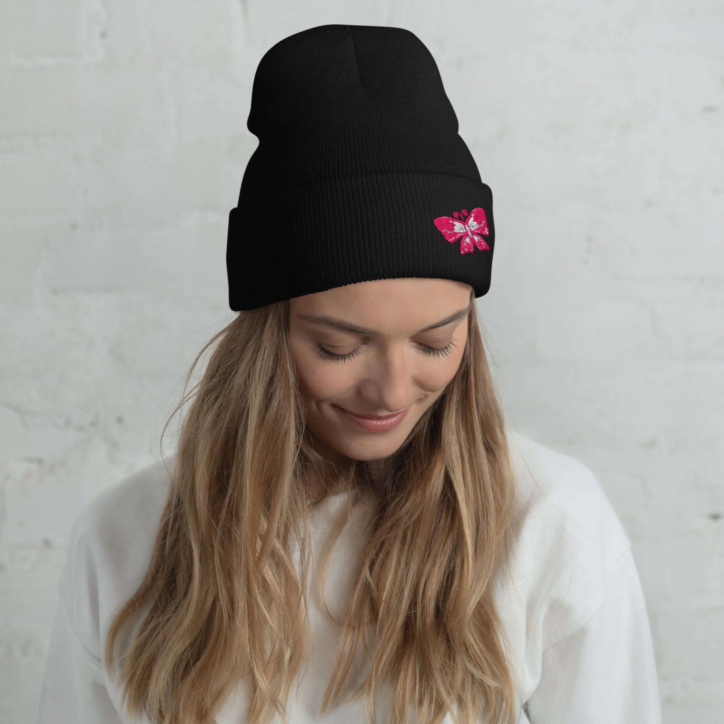 Cuffed Beanie (embroidered pink butterfly)