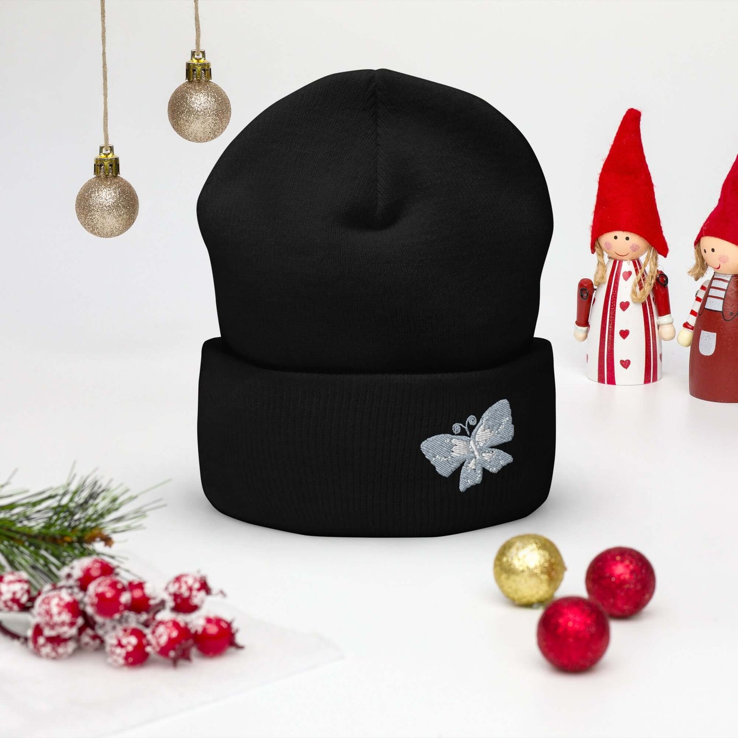 Cuffed Beanie (embroidered gray butterfly)