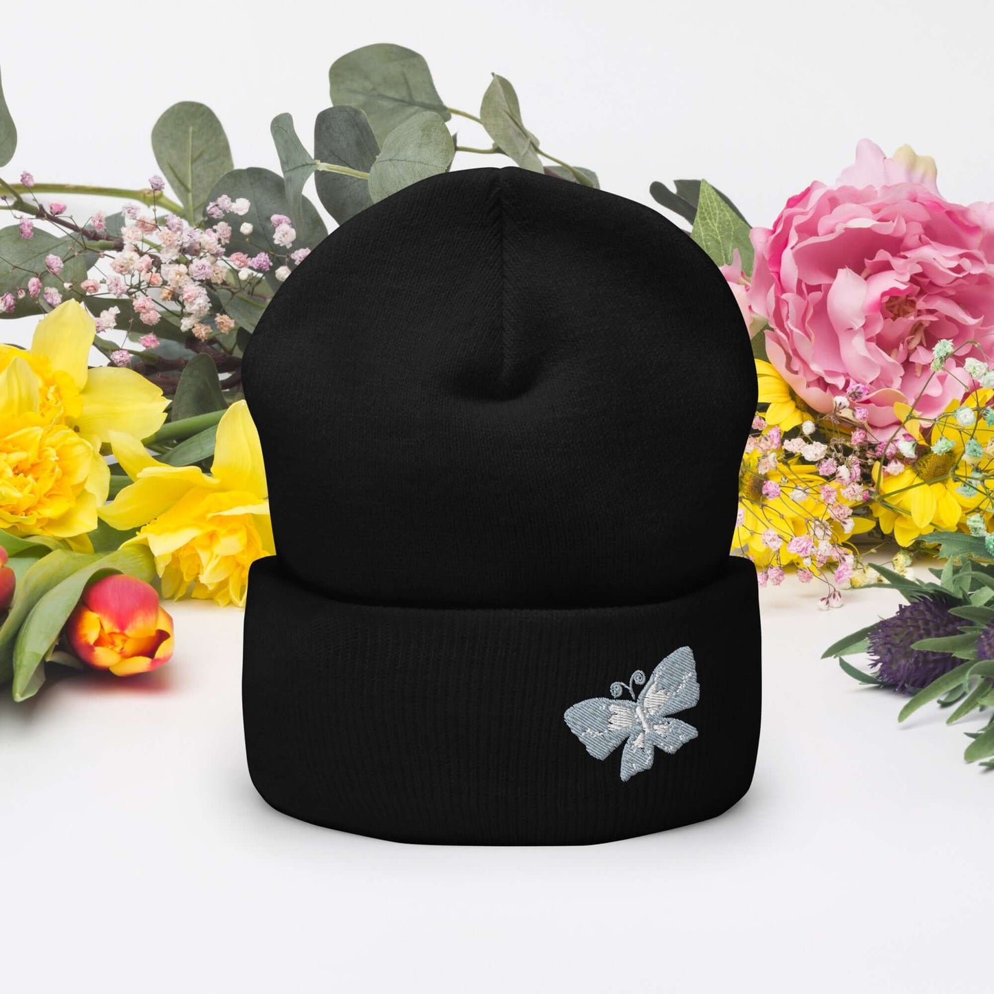 Cuffed Beanie (embroidered gray butterfly)
