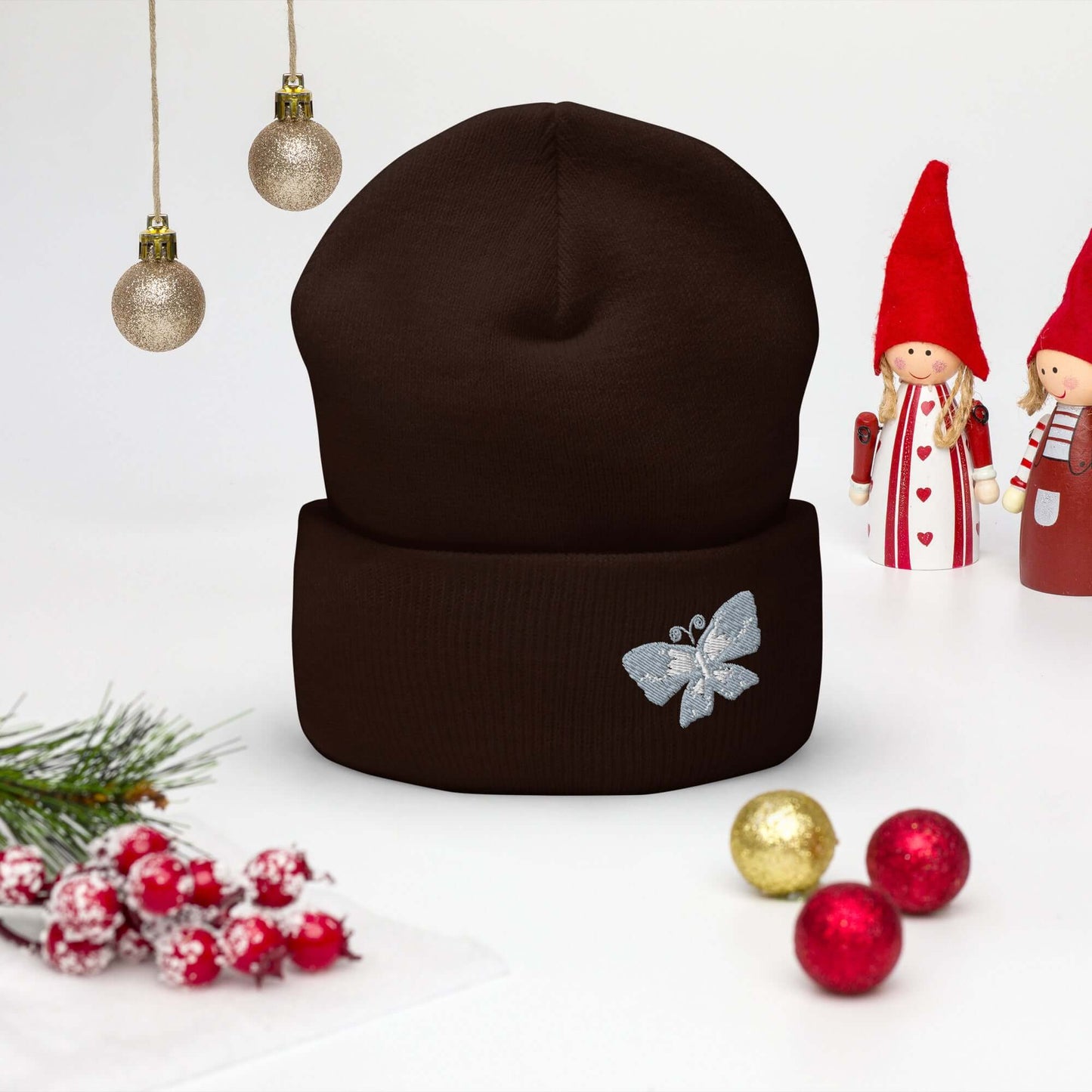 Cuffed Beanie (embroidered gray butterfly)