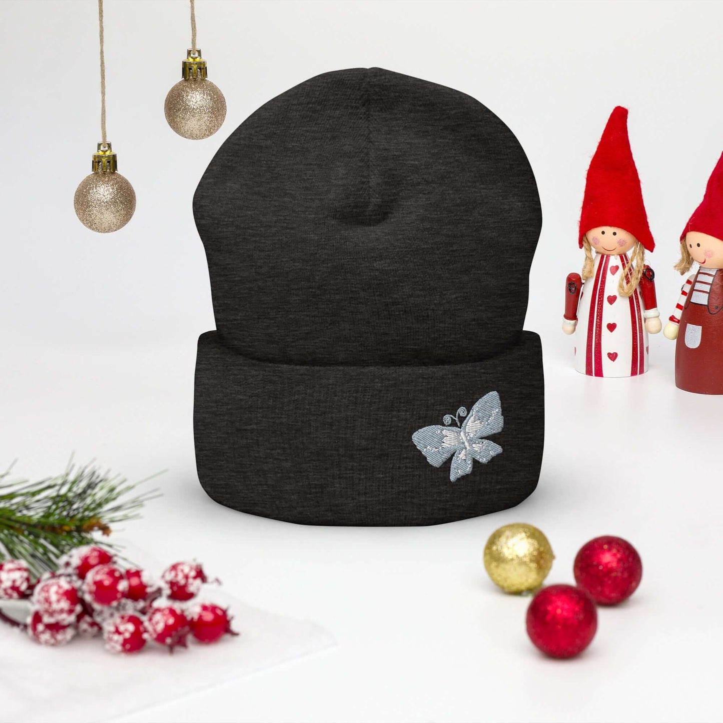Cuffed Beanie (embroidered gray butterfly)