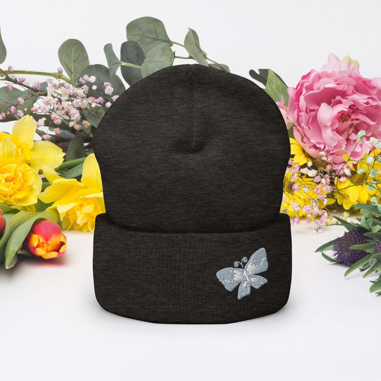 Cuffed Beanie (embroidered gray butterfly)