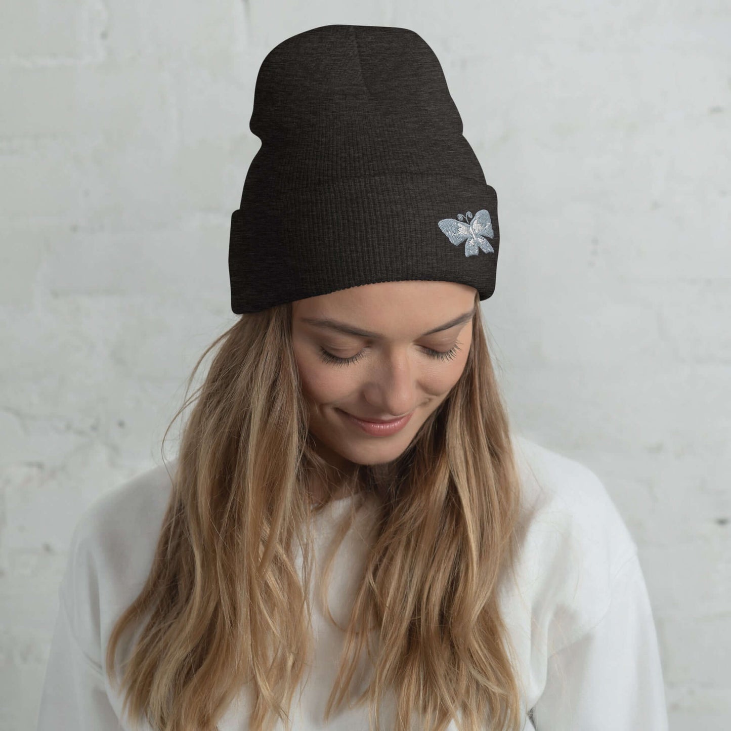 Cuffed Beanie (embroidered gray butterfly)