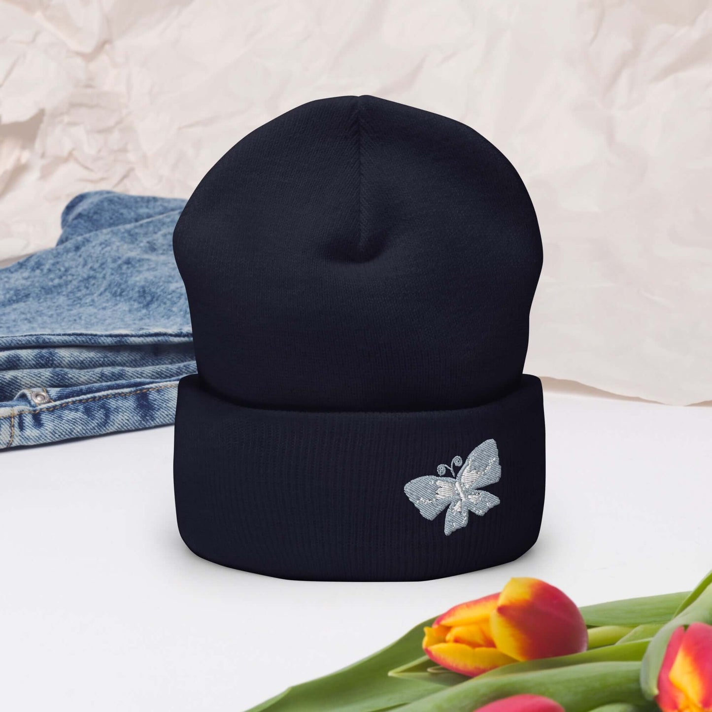 Cuffed Beanie (embroidered gray butterfly)