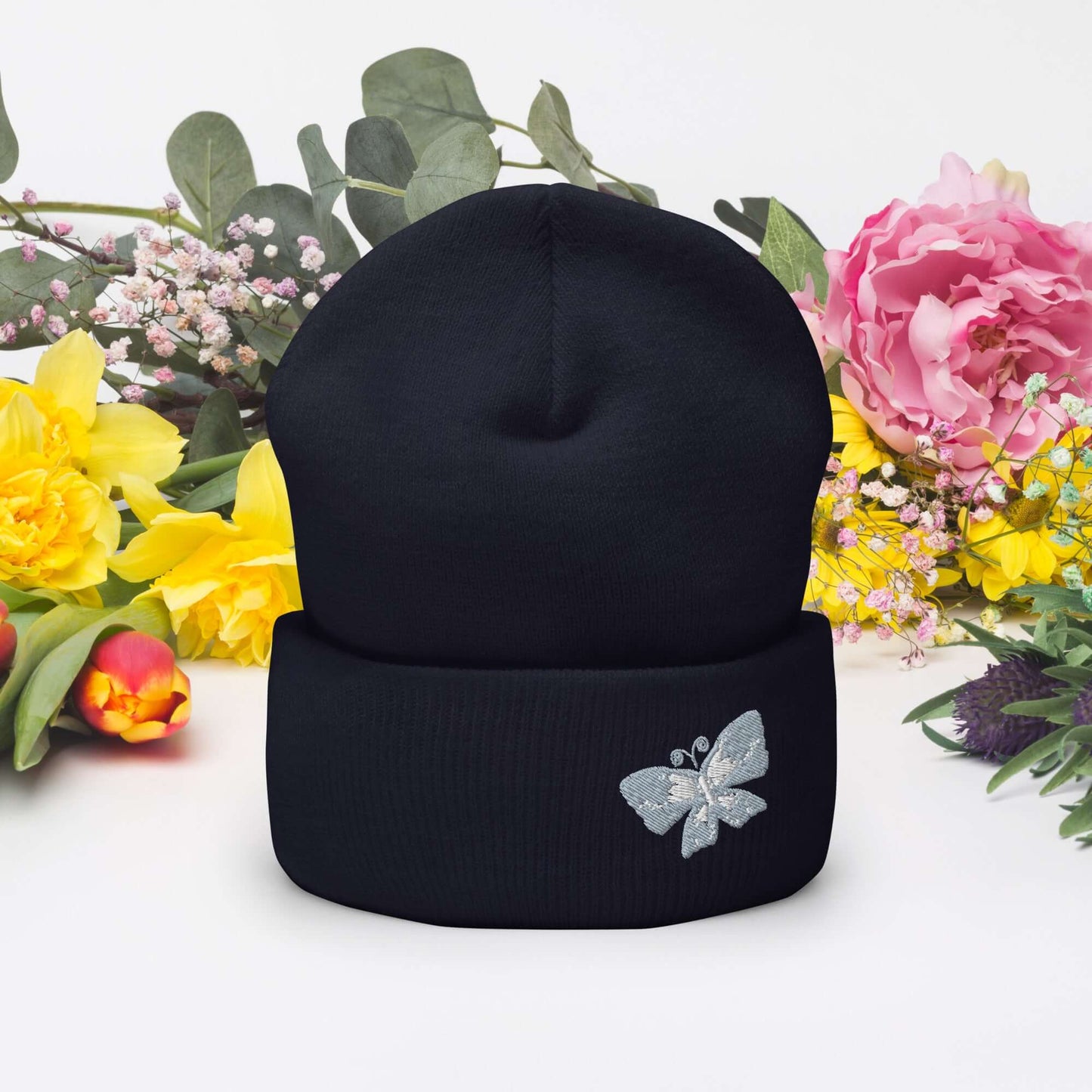 Cuffed Beanie (embroidered gray butterfly)