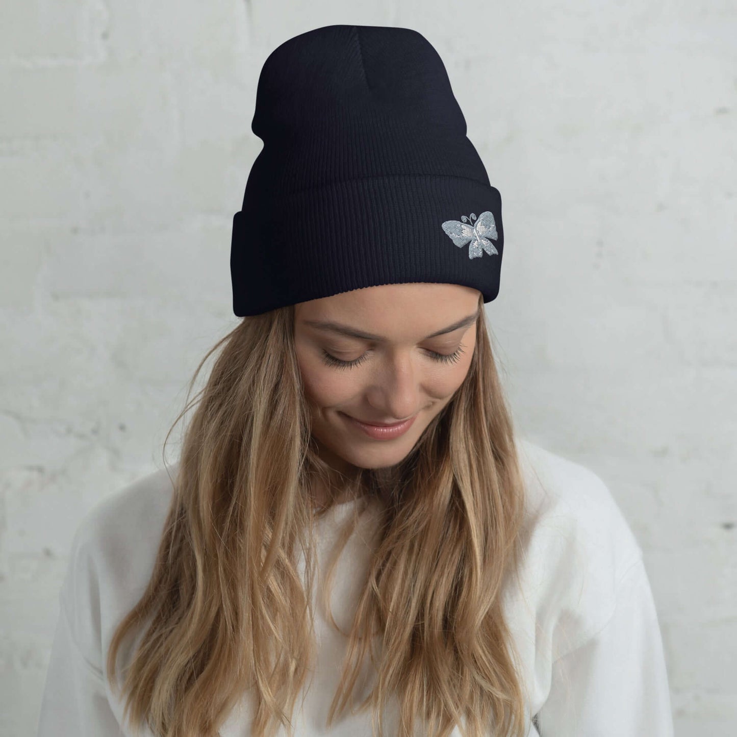 Cuffed Beanie (embroidered gray butterfly)