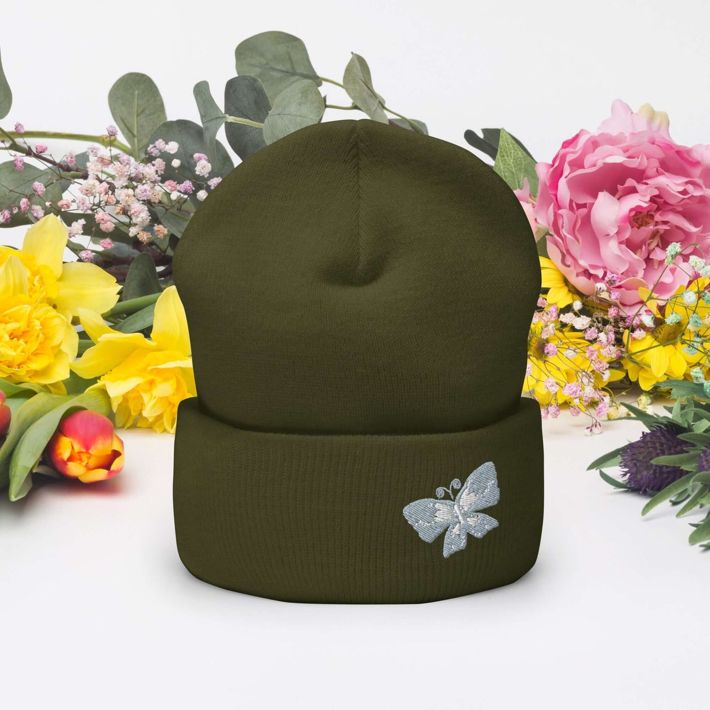 Cuffed Beanie (embroidered gray butterfly)