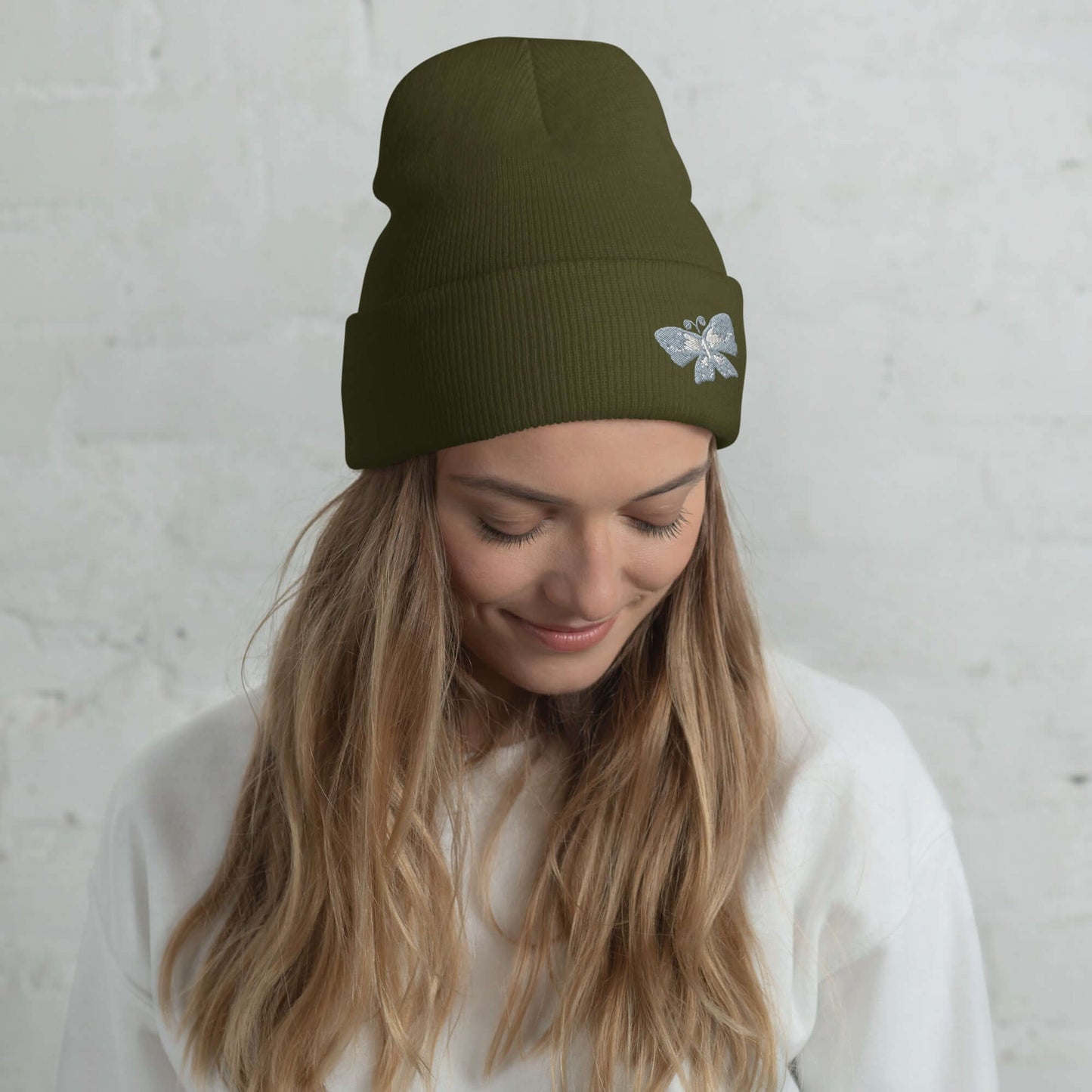 Cuffed Beanie (embroidered gray butterfly)
