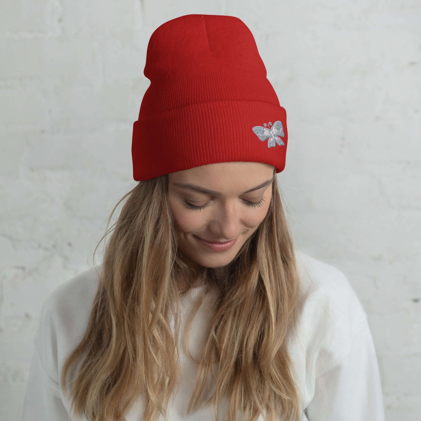 Cuffed Beanie (embroidered gray butterfly)