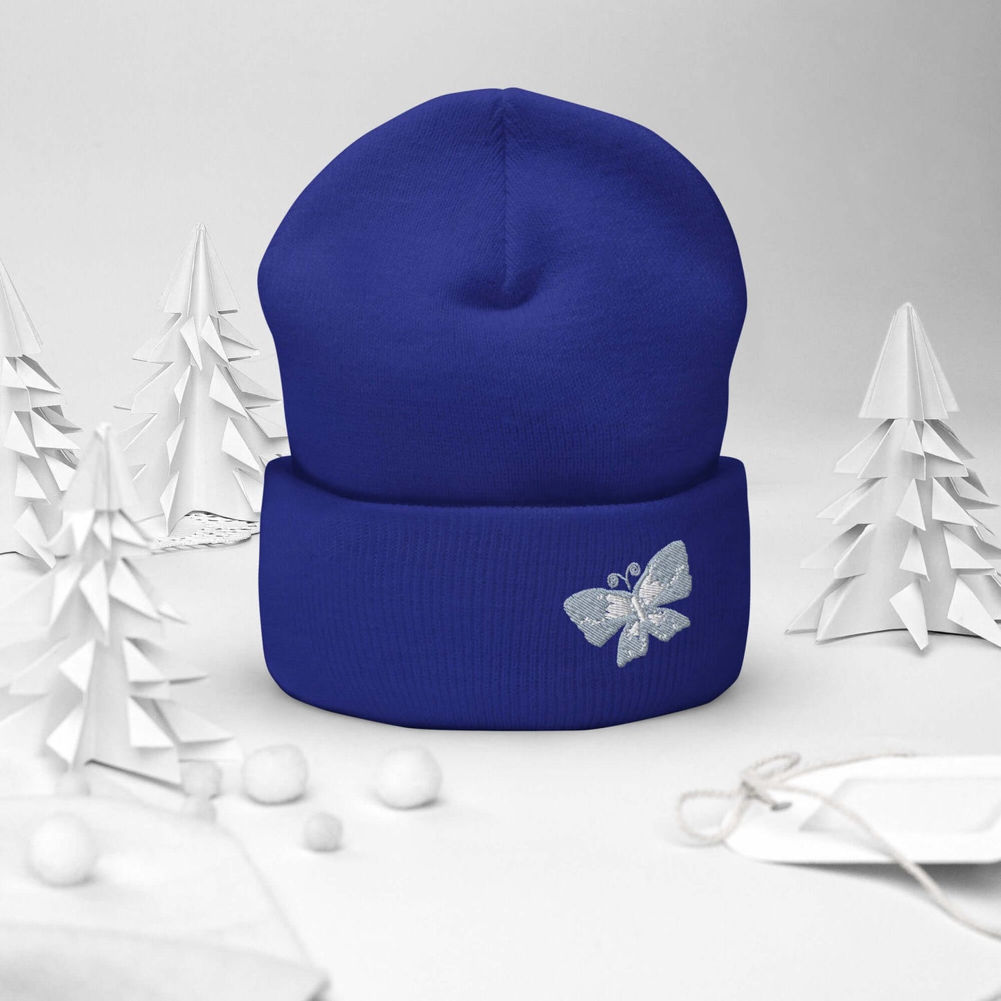 Cuffed Beanie (embroidered gray butterfly)