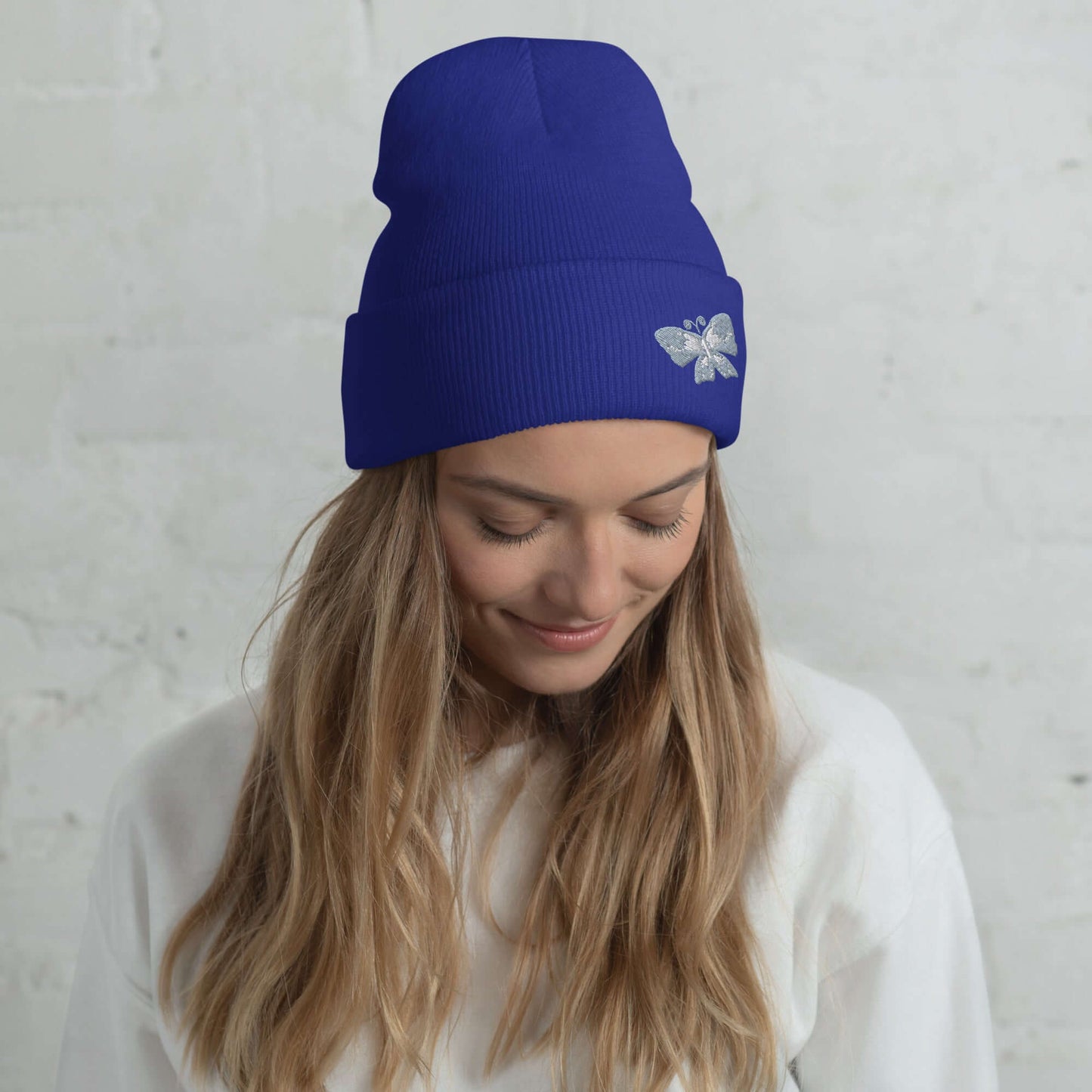 Cuffed Beanie (embroidered gray butterfly)