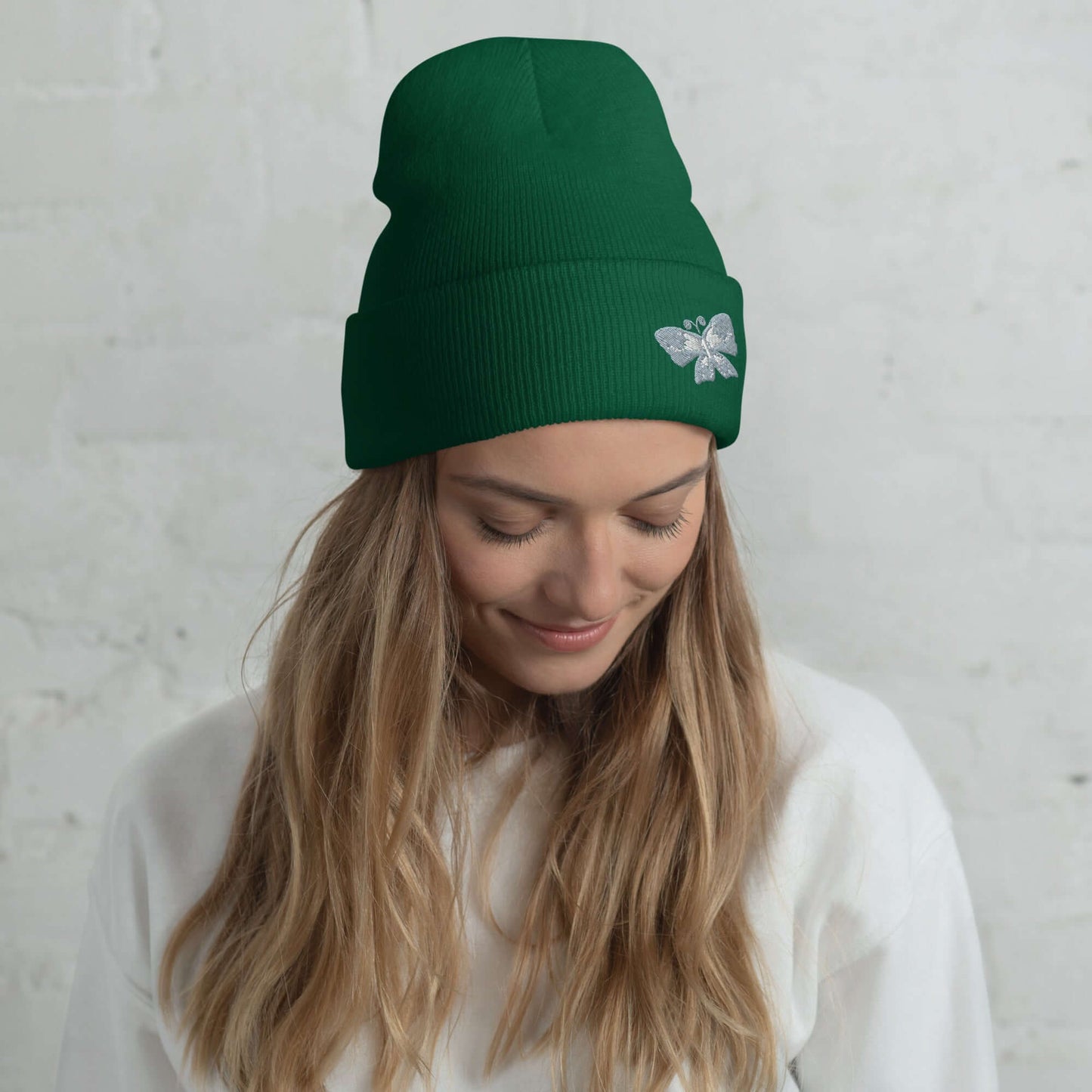 Cuffed Beanie (embroidered gray butterfly)