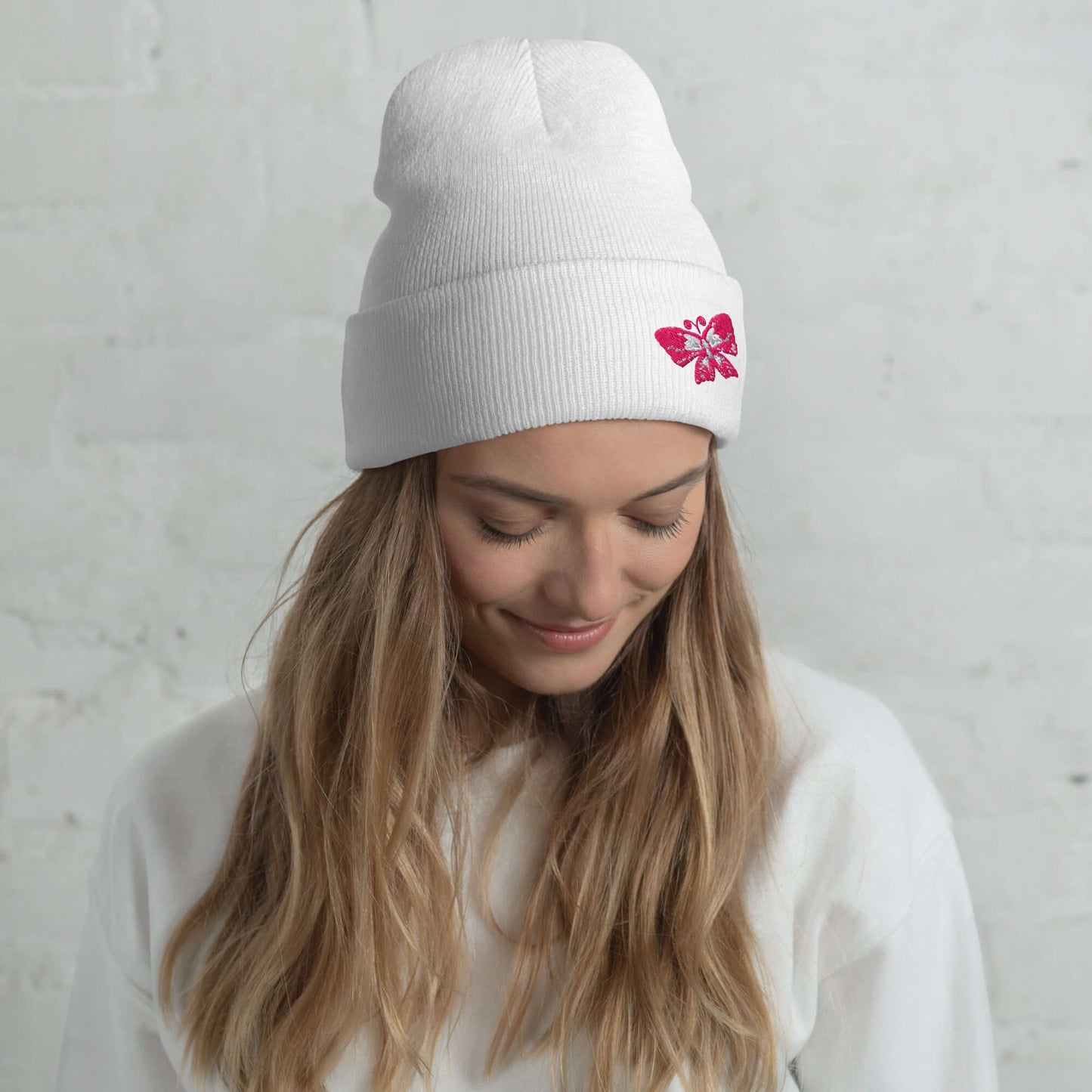 Cuffed Beanie (embroidered pink butterfly)