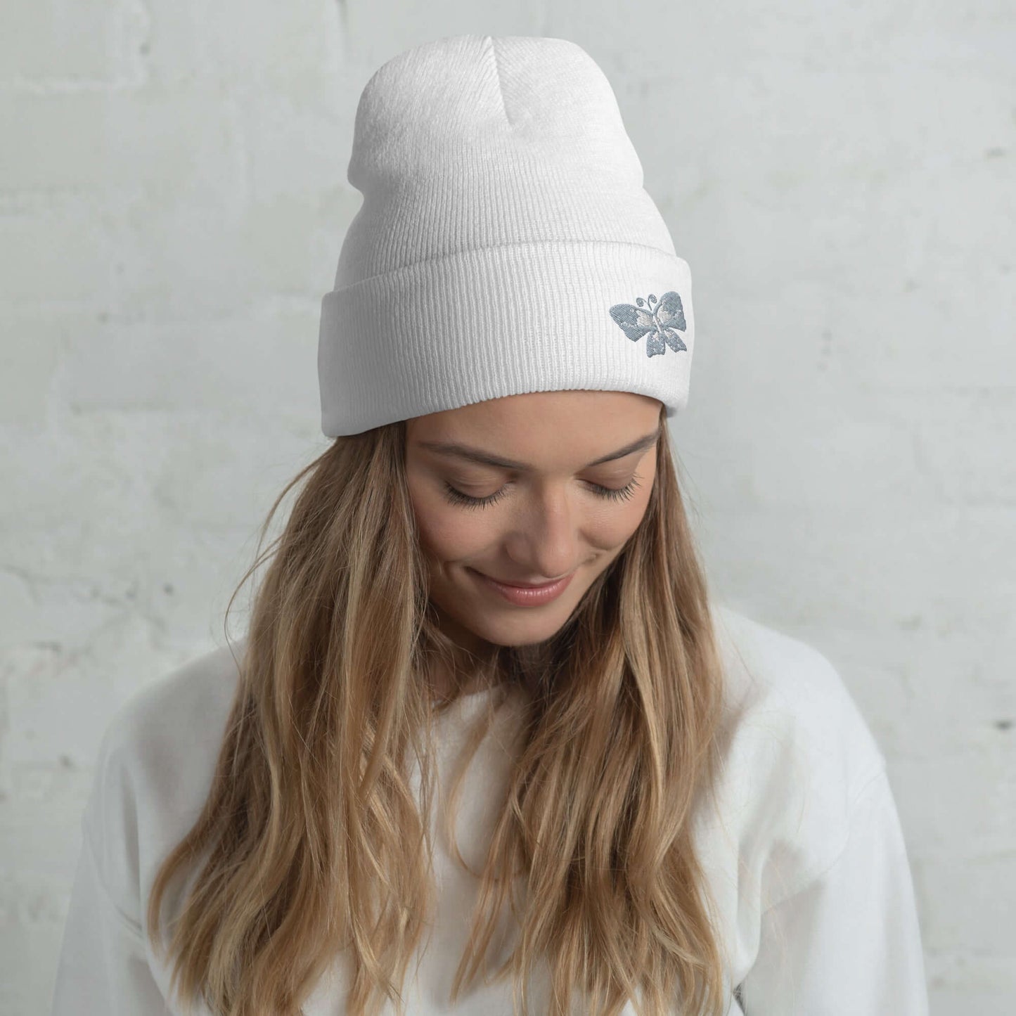 Cuffed Beanie (embroidered gray butterfly)