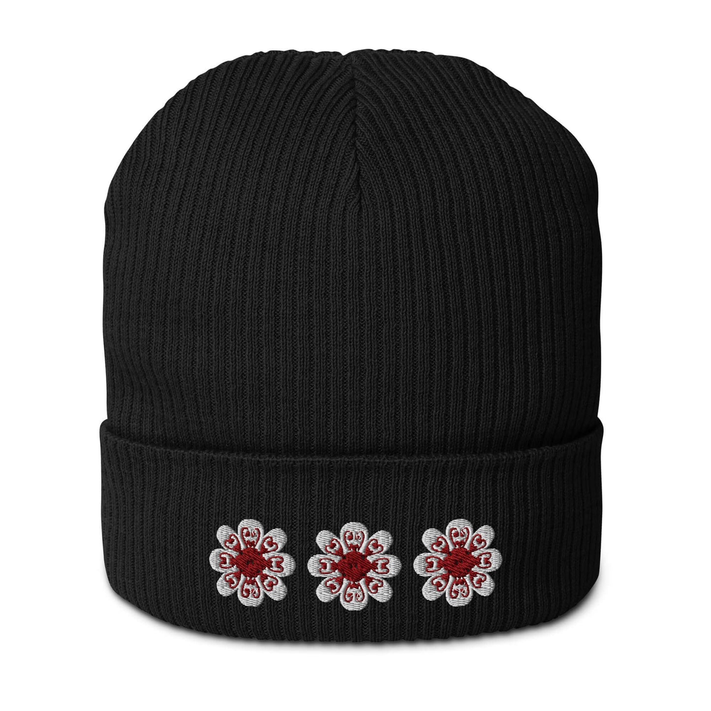 Organic ribbed beanie (maroon flowers)