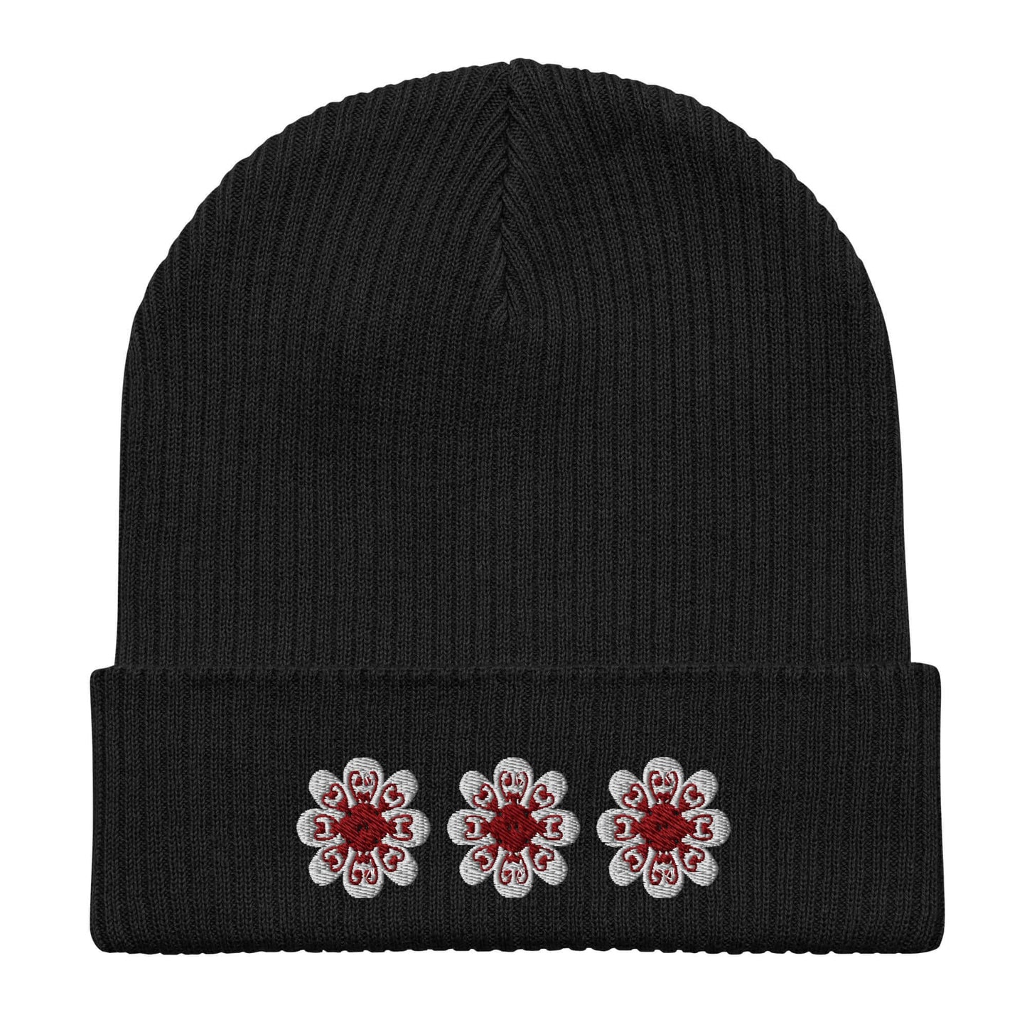Organic ribbed beanie (maroon flowers)
