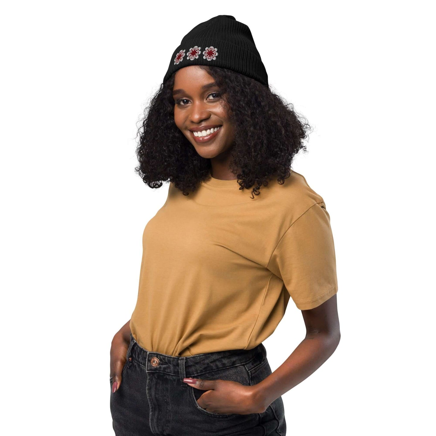 Organic ribbed beanie (maroon flowers)