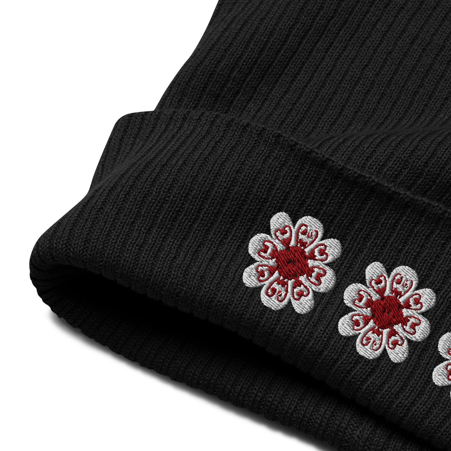 Organic ribbed beanie (maroon flowers)