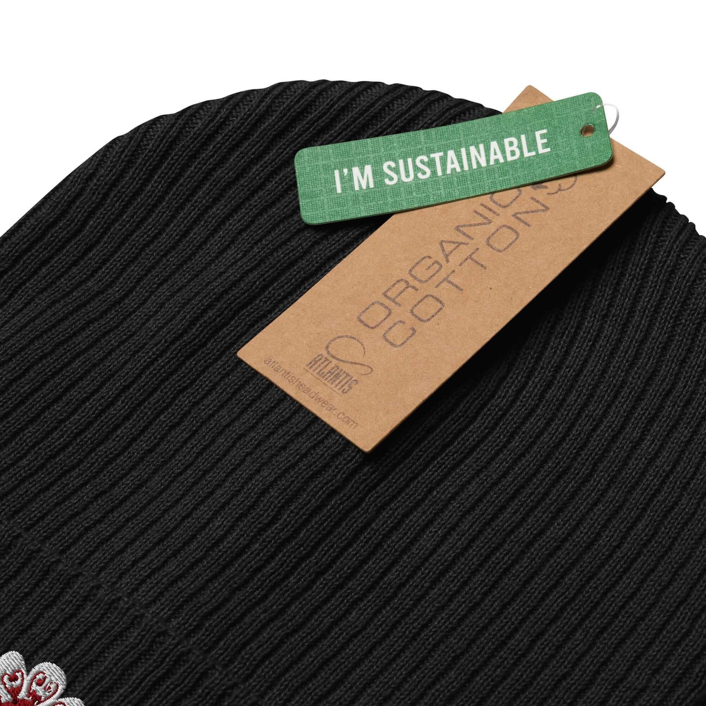 Organic ribbed beanie (maroon flowers)
