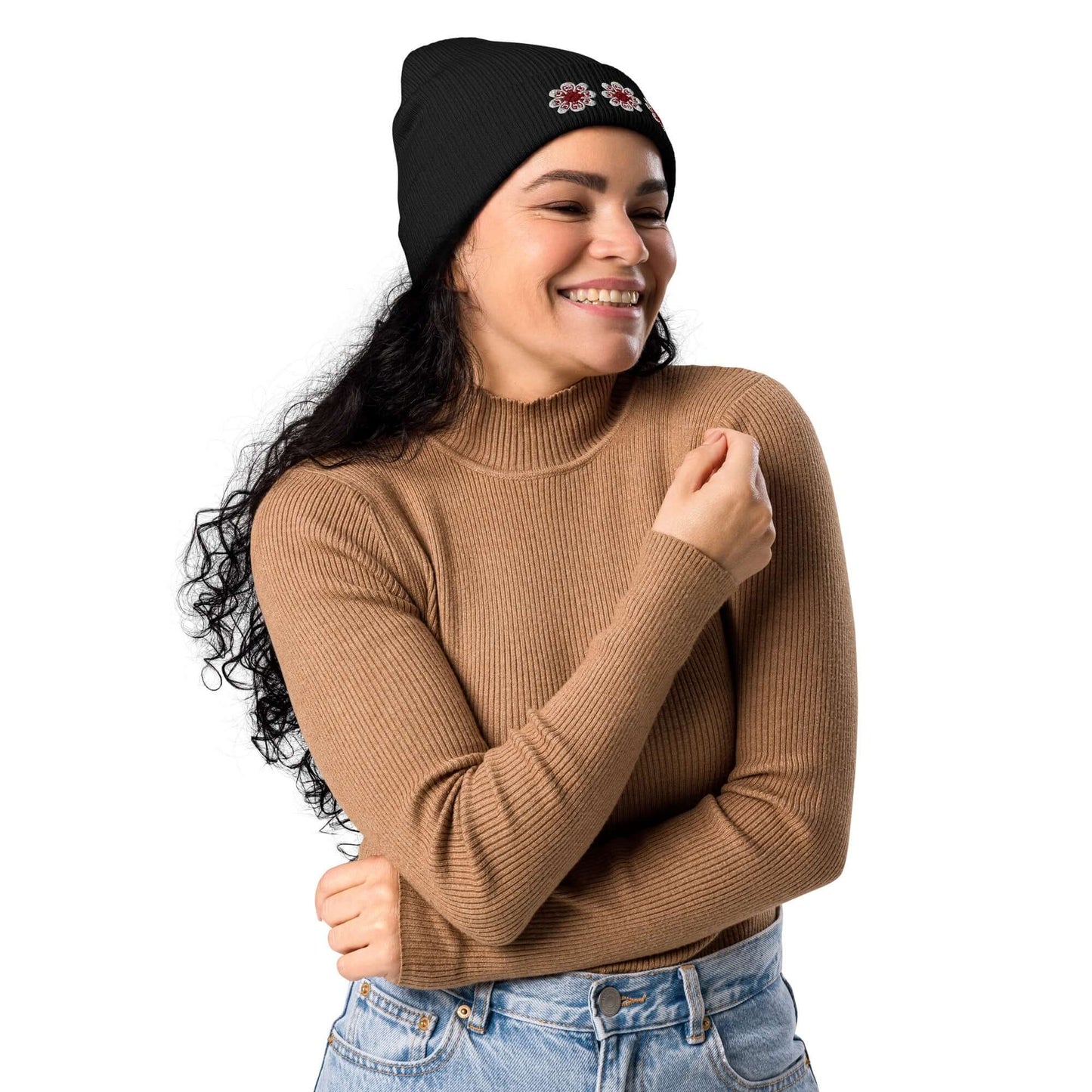 Organic ribbed beanie (maroon flowers)