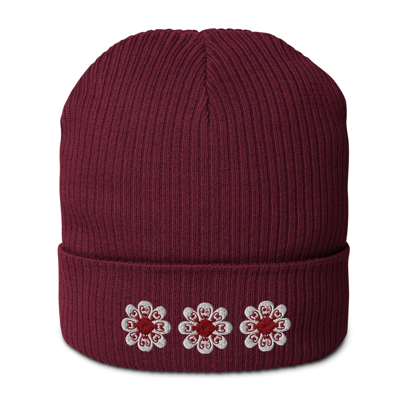 Organic ribbed beanie (maroon flowers)