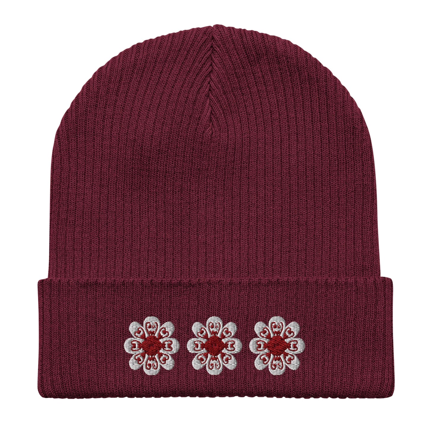 Organic ribbed beanie (maroon flowers)