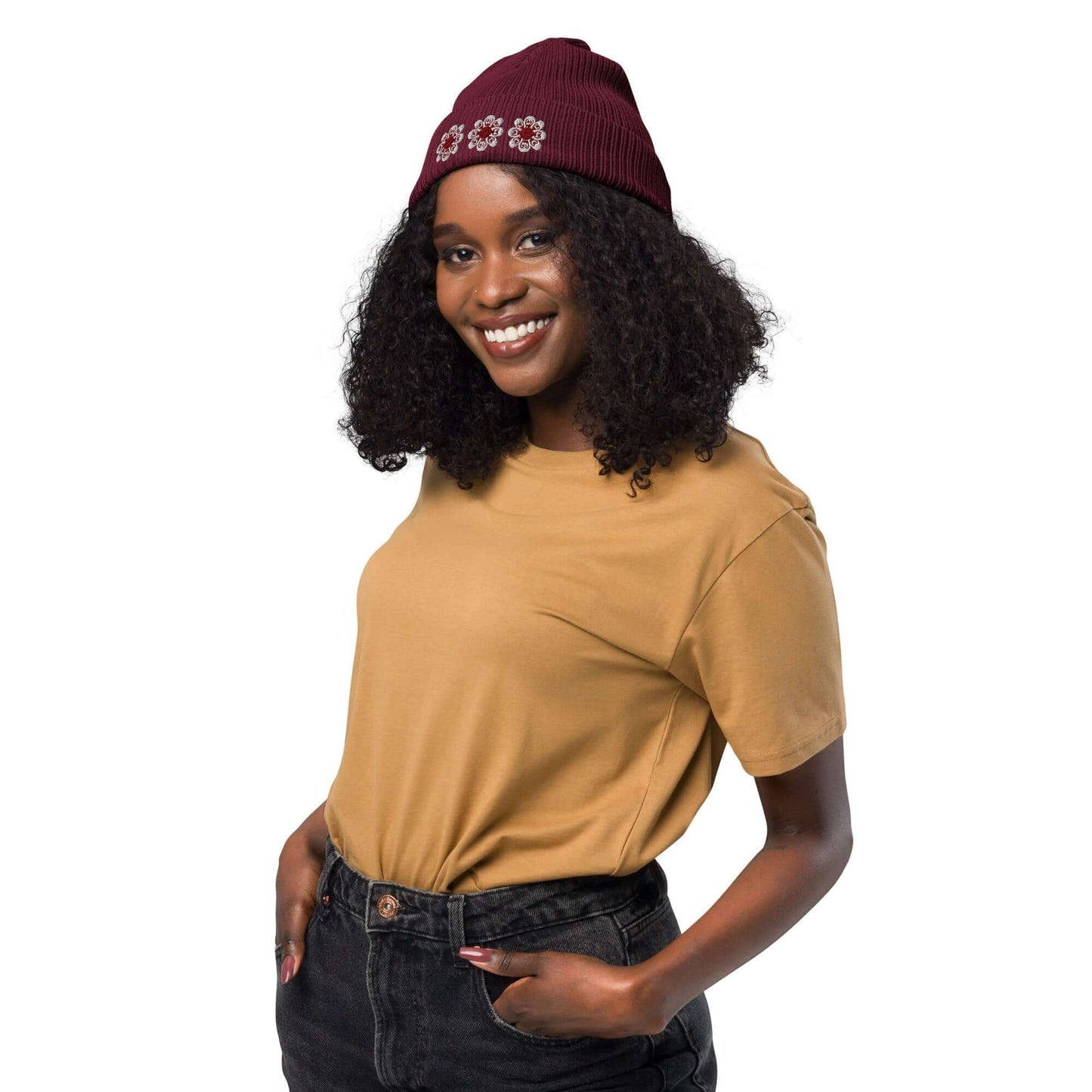 Organic ribbed beanie (maroon flowers)
