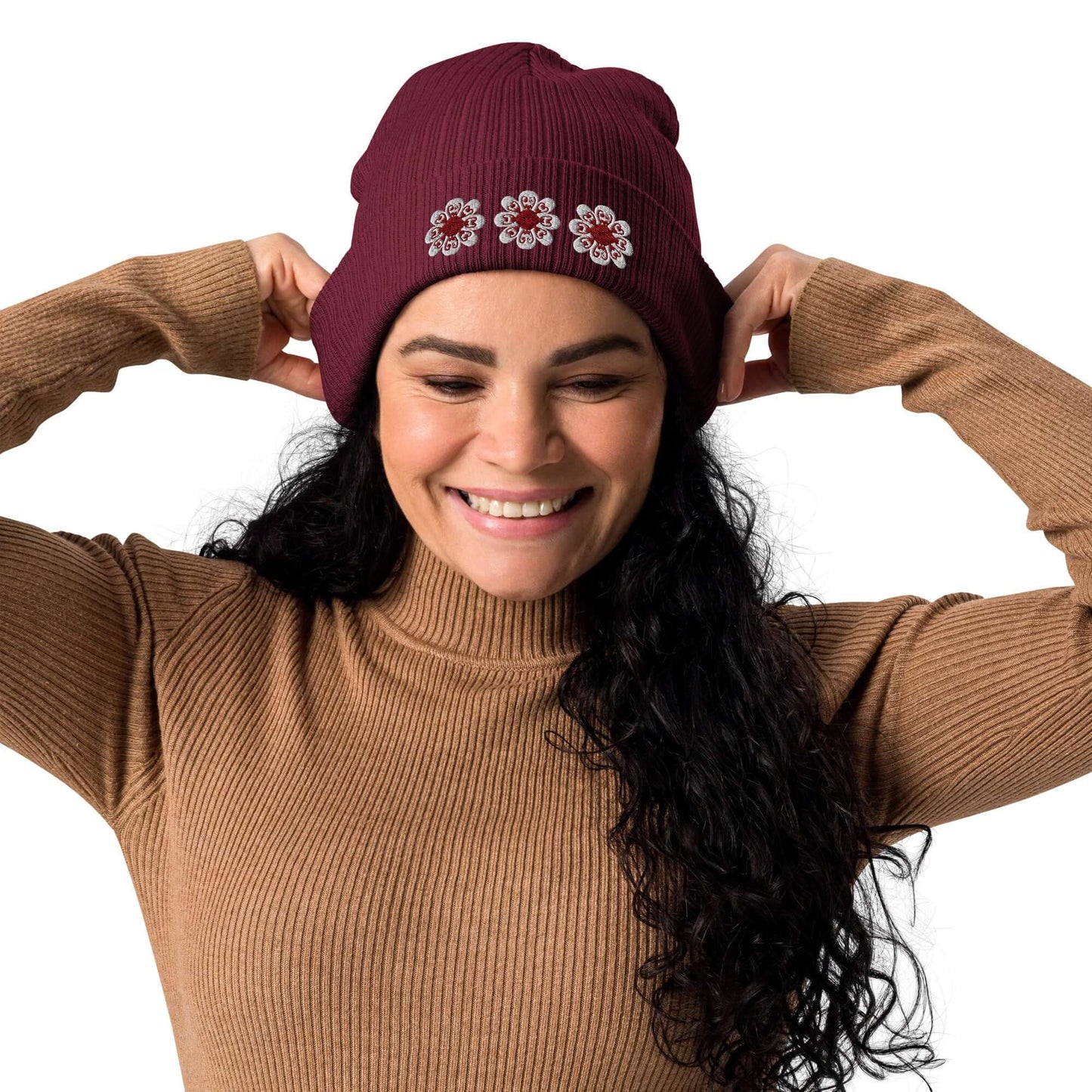 Organic ribbed beanie (maroon flowers)