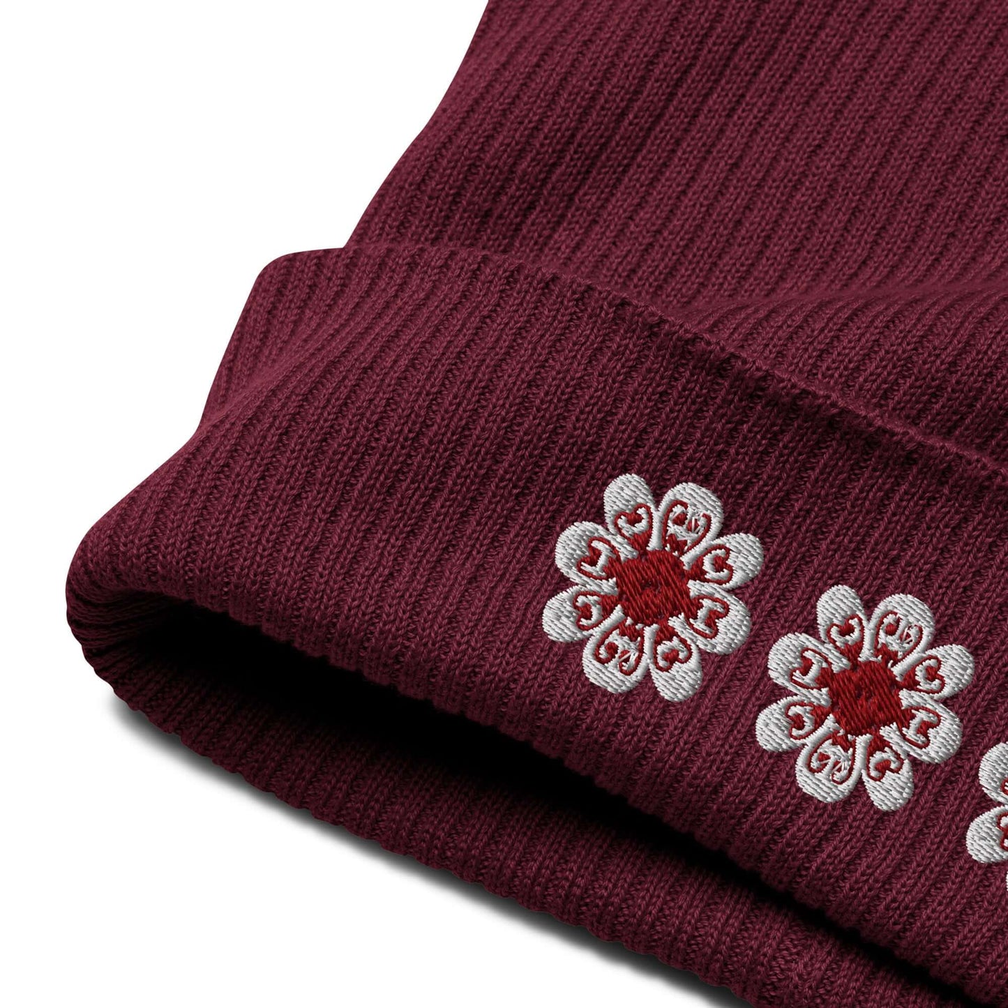 Organic ribbed beanie (maroon flowers)