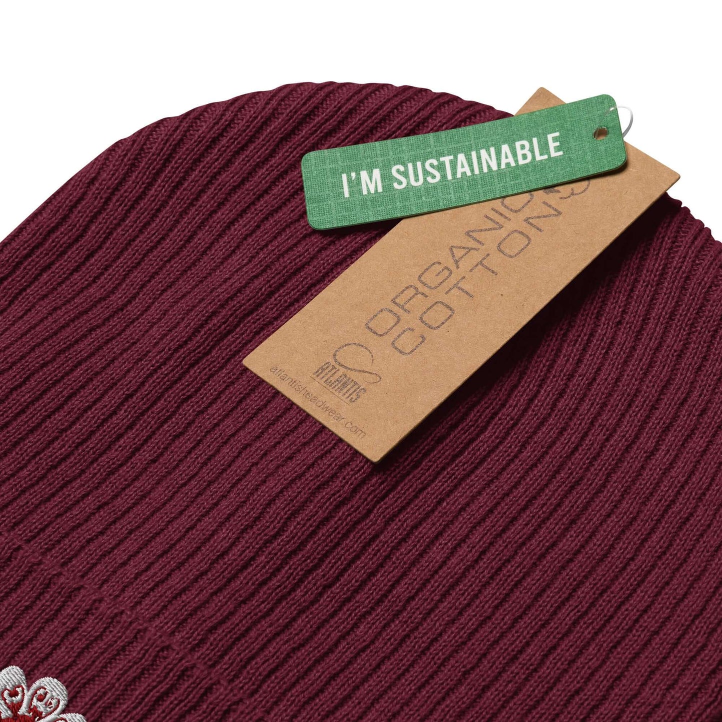 Organic ribbed beanie (maroon flowers)