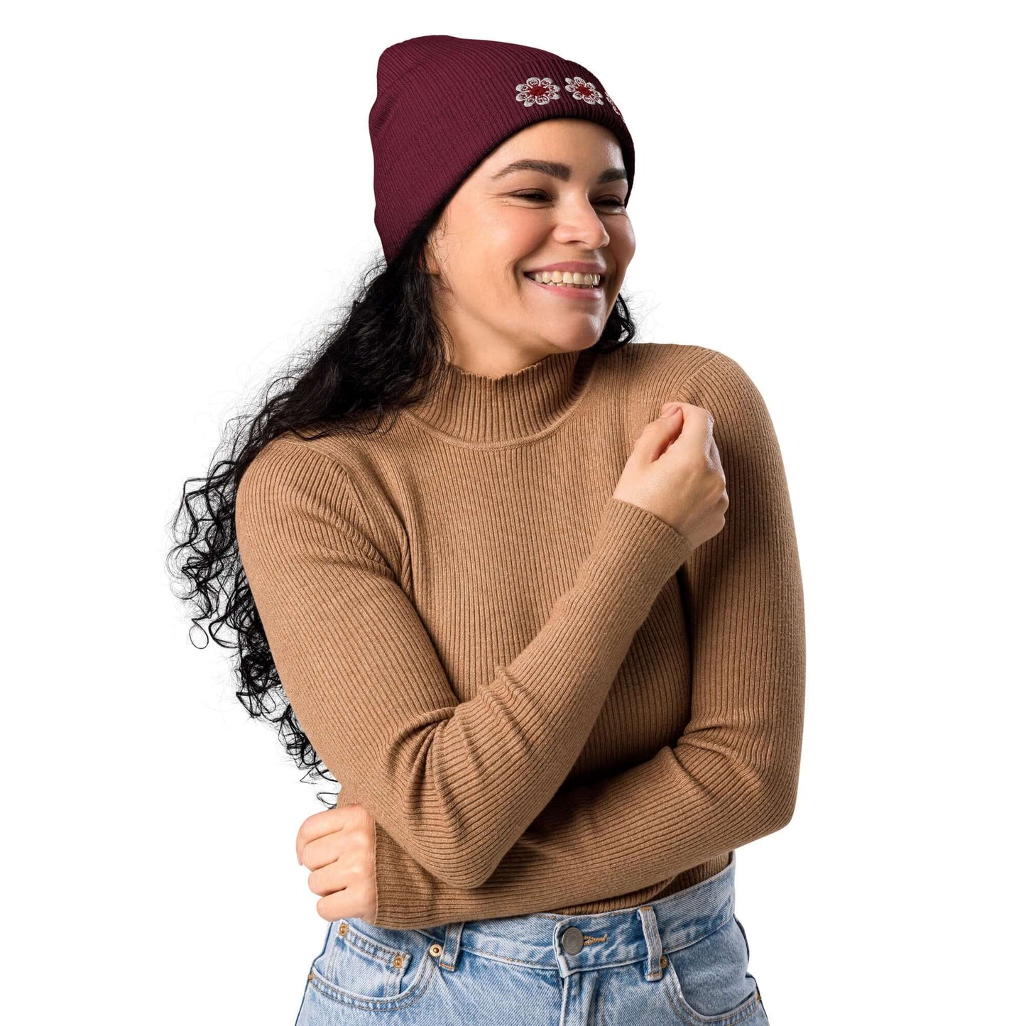 Organic ribbed beanie (maroon flowers)